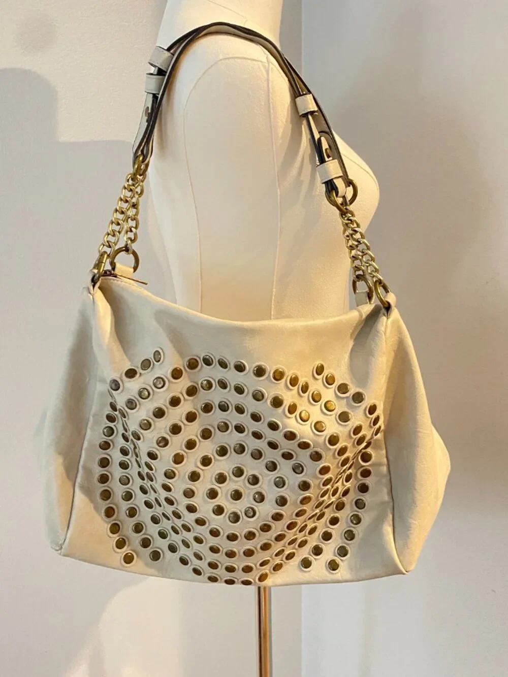 Ivory Studded Hobo Shoulder Bag – Gold Hardware